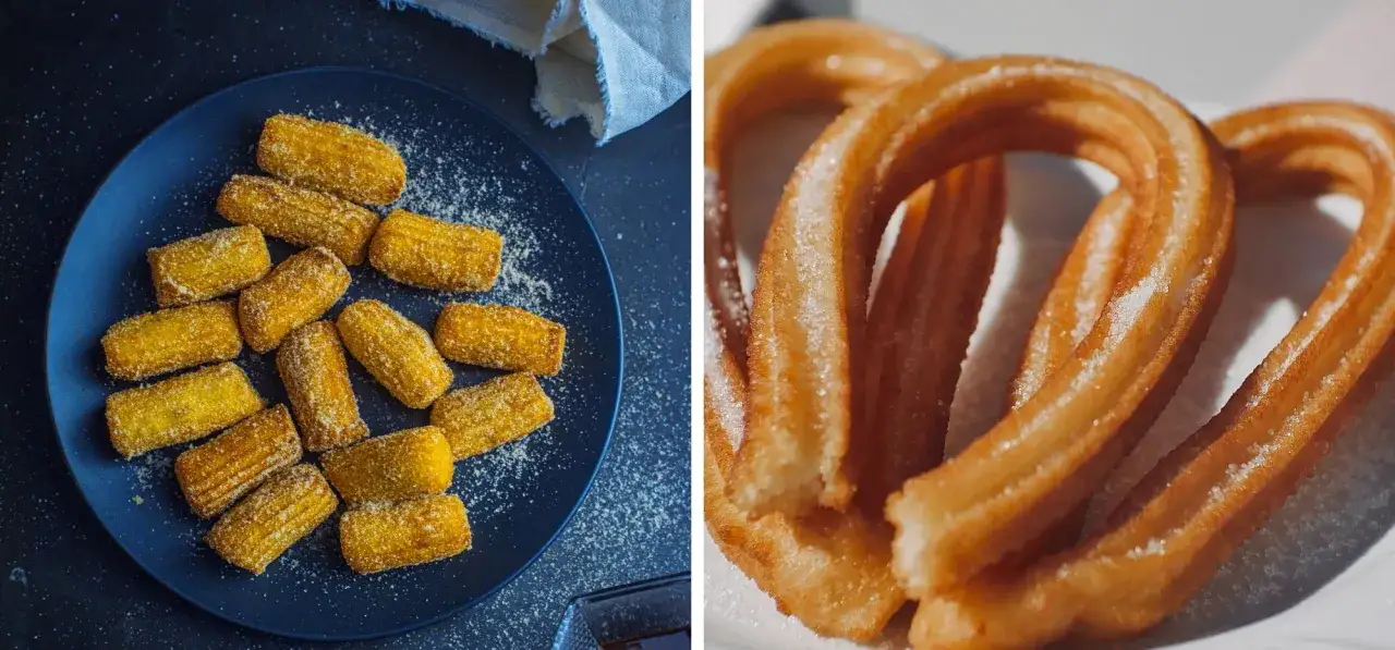 Churros co to? Smażone ciasto posypane cukrem, podane w formie krótkich kawałków lub zakręconych kształtów. Idealne na deser.