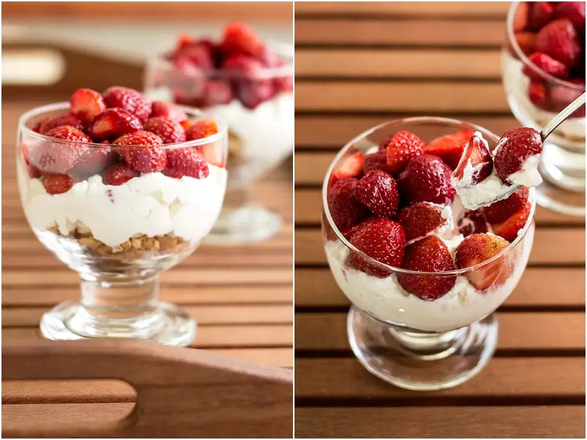Pyszny deser z mascarpone, świeżymi truskawkami i pokruszonymi herbatnikami w pucharku. Idealny na letnie popołudnie.